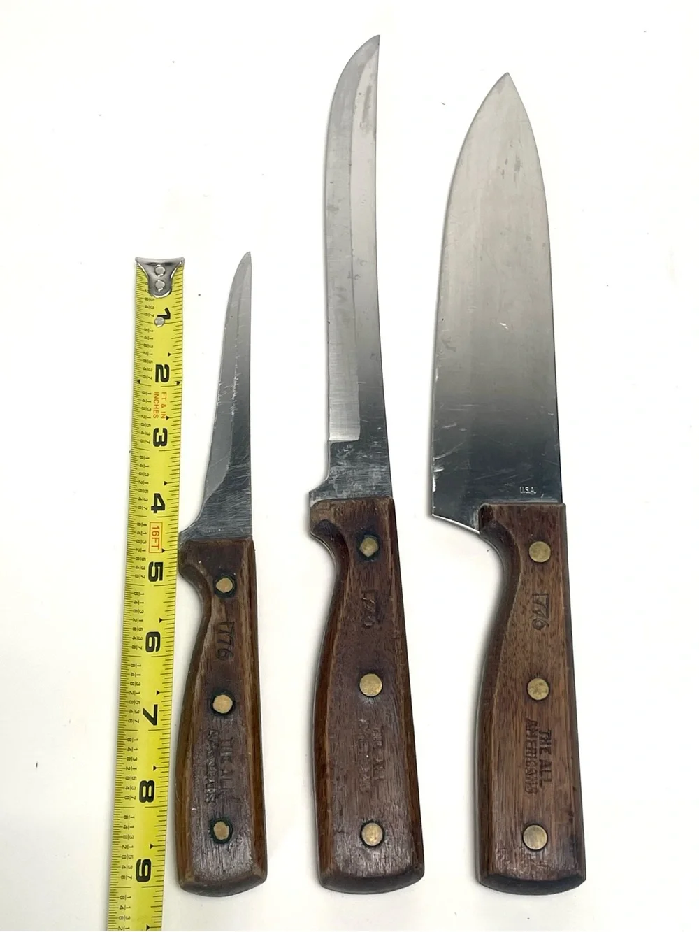 Vintage 1776 The All Americans Knife Set 3 Pc USA Chef Slicing Paring Walnut